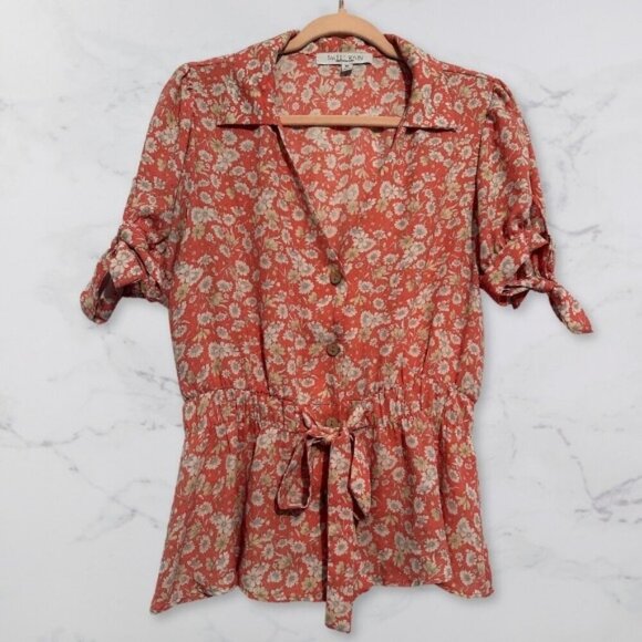 Sweet Rain Tops - Sweet Rain Pink Floral Abstract Wood Button-Up Front Tie Top Blouse Red W Medium